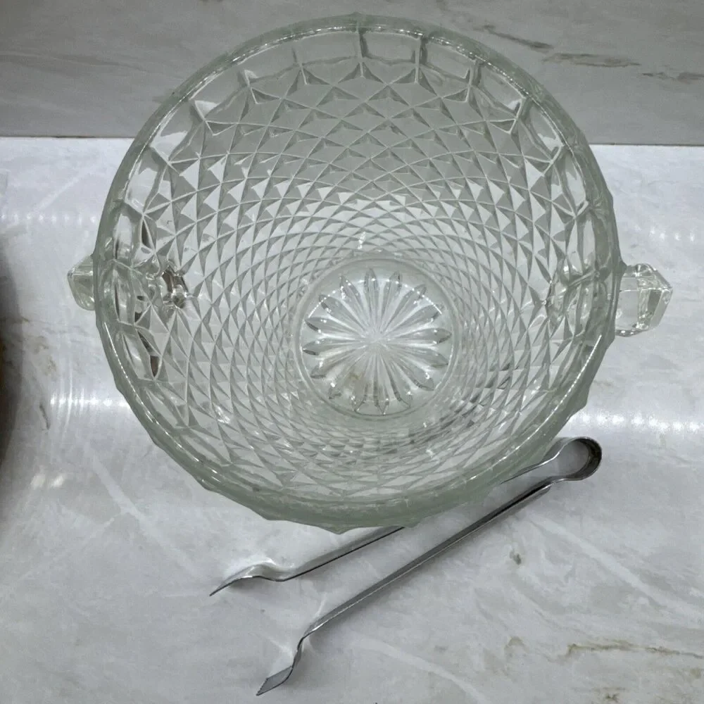 Vintage Crystal Cut Glass Ice Bucket with Tongs Anchor Hocking Wexford Pattern